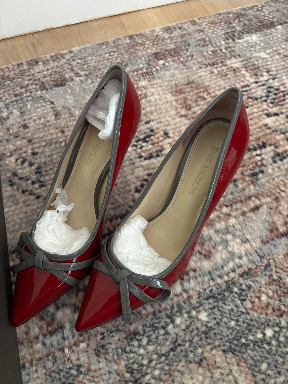 Enzo Angiolini Red Patent Pointed-Toe Pumps with Gray Trim Bow
